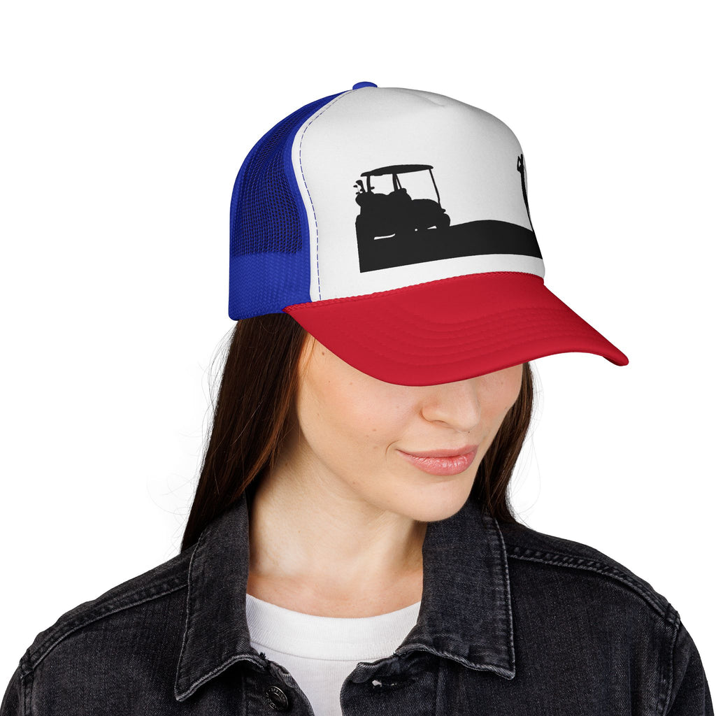 Golf Silhouette Trucker Hat — Golfer & Golf Cart Mesh Cap