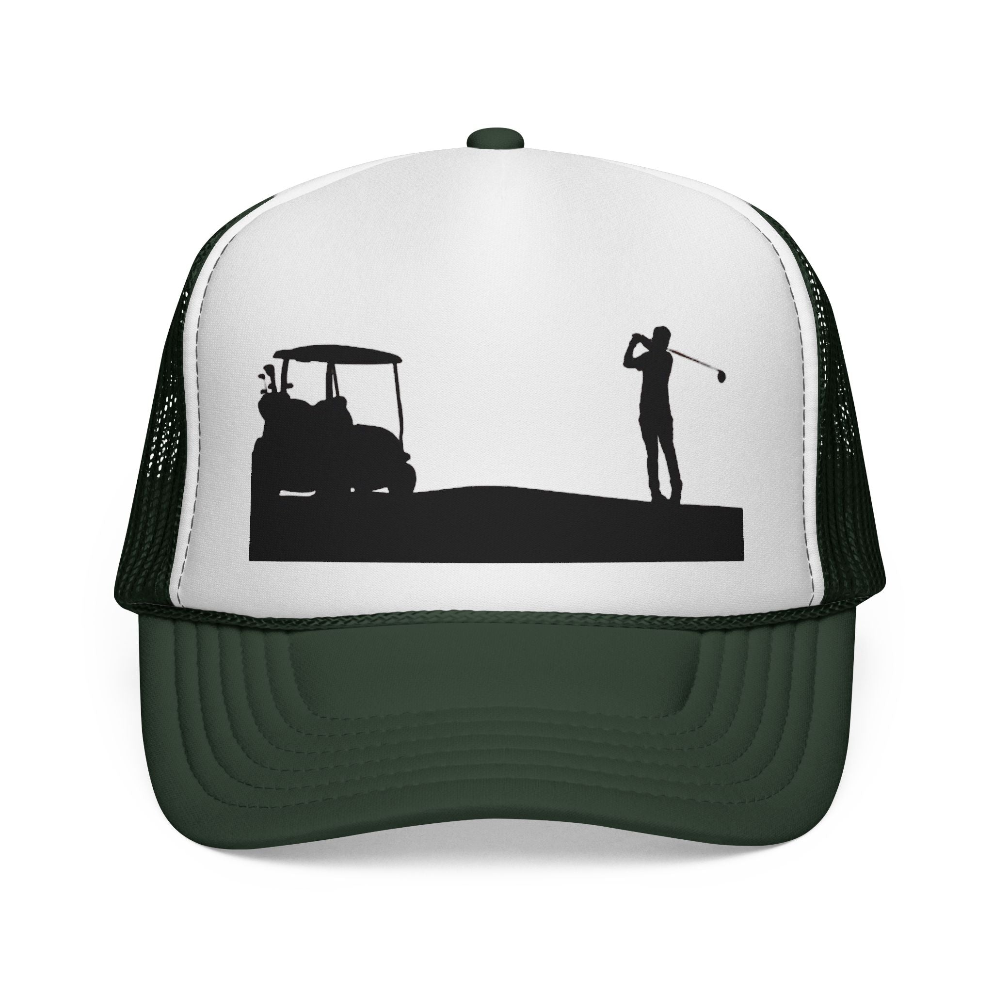 Golf Silhouette Trucker Hat — Golfer & Golf Cart Mesh Cap