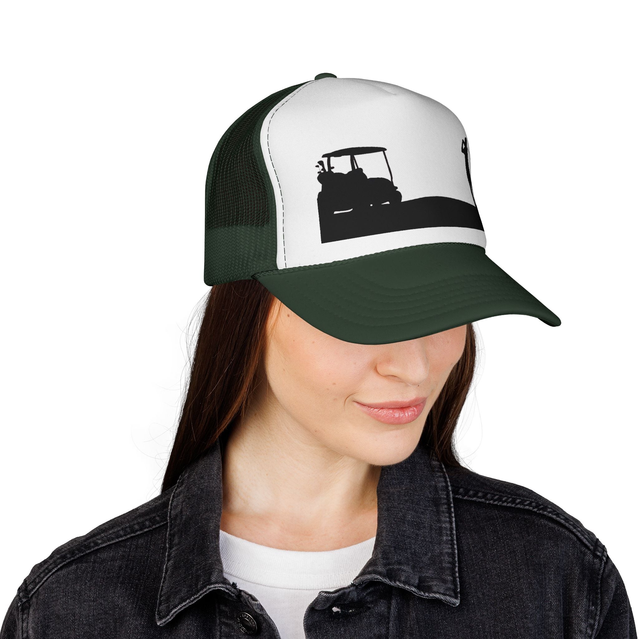 Golf Silhouette Trucker Hat — Golfer & Golf Cart Mesh Cap
